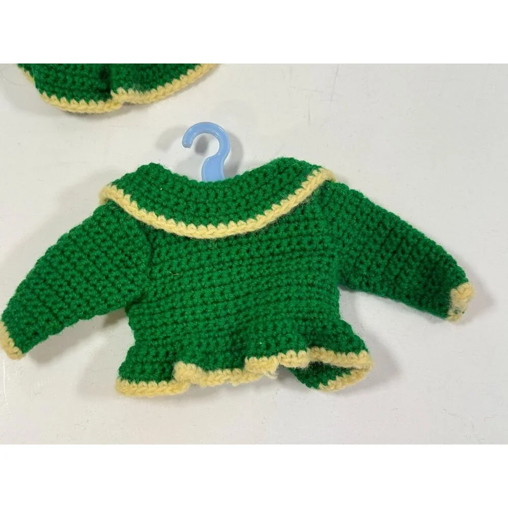 Vintage Mary Hoyer Doll Crocheted Winter Outfit Green White Trim Purse Hat